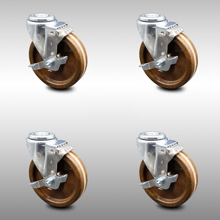 Service Caster 5 Inch SS High Temp Phenolic Wheel Swivel Bolt Hole Caster Set with Brake SCC SCC-SSBH20S514-PHSHT-TLB-4